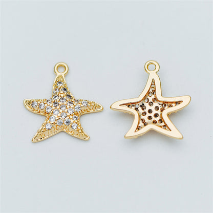 4pcs CZ Pave Gold Starfish Charms 15mm, Real 18K Gold plated Brass Star Pendants (GB-722-B)