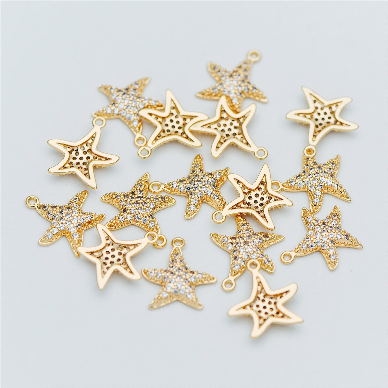 4pcs CZ Pave Gold Starfish Charms 15mm, Real 18K Gold plated Brass Star Pendants (GB-722-B)