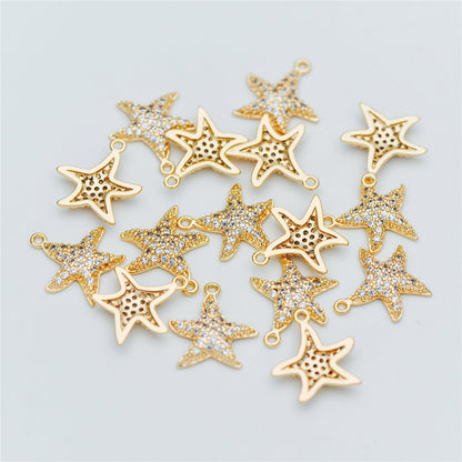 4pcs CZ Pave Gold Starfish Charms 15mm, Real 18K Gold plated Brass Star Pendants (GB-722-B)
