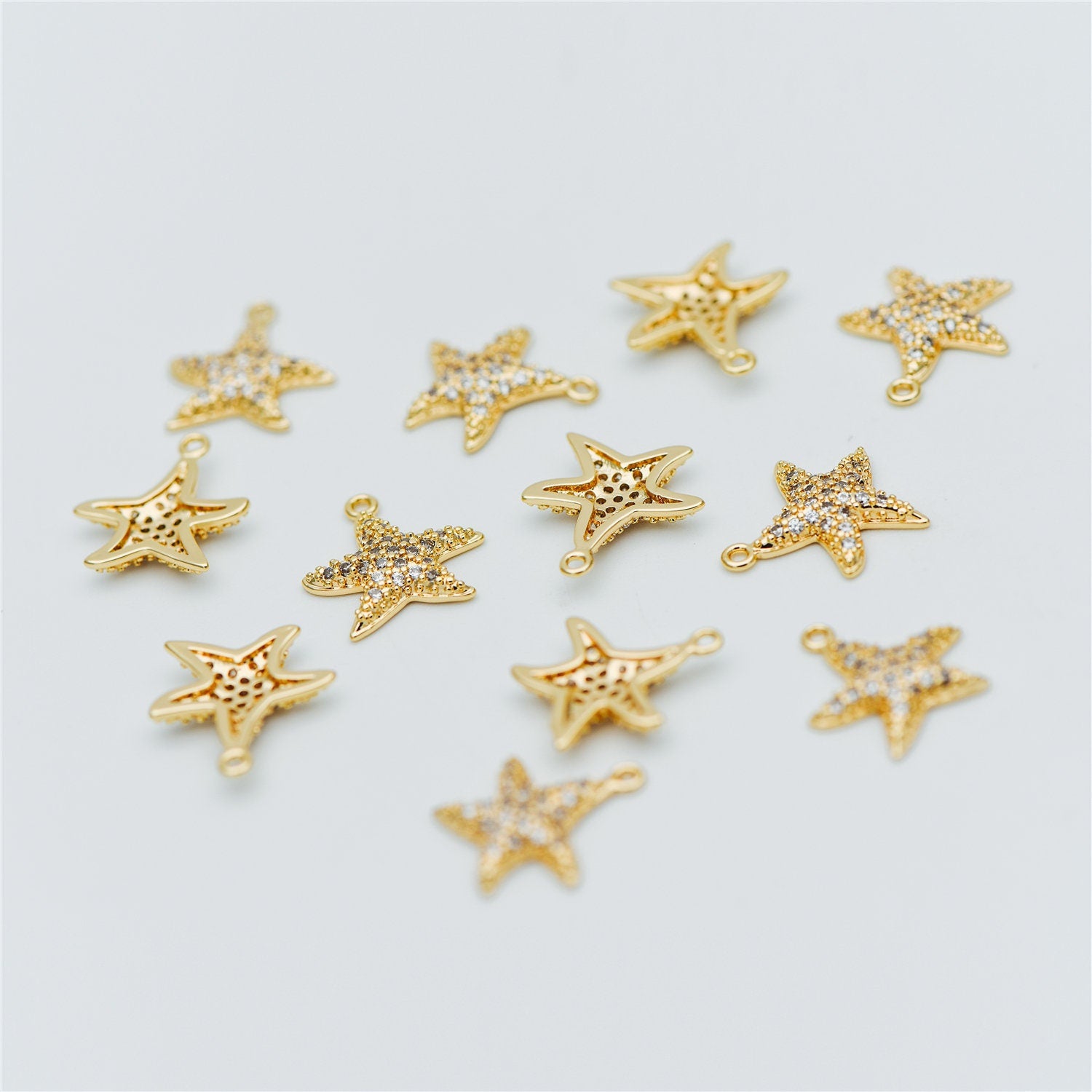 4pcs CZ Pave Gold Starfish Charms 15mm, Real 18K Gold plated Brass Star Pendants (GB-722-B)