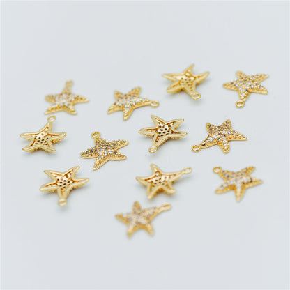 4pcs CZ Pave Gold Starfish Charms 15mm, Real 18K Gold plated Brass Star Pendants (GB-722-B)
