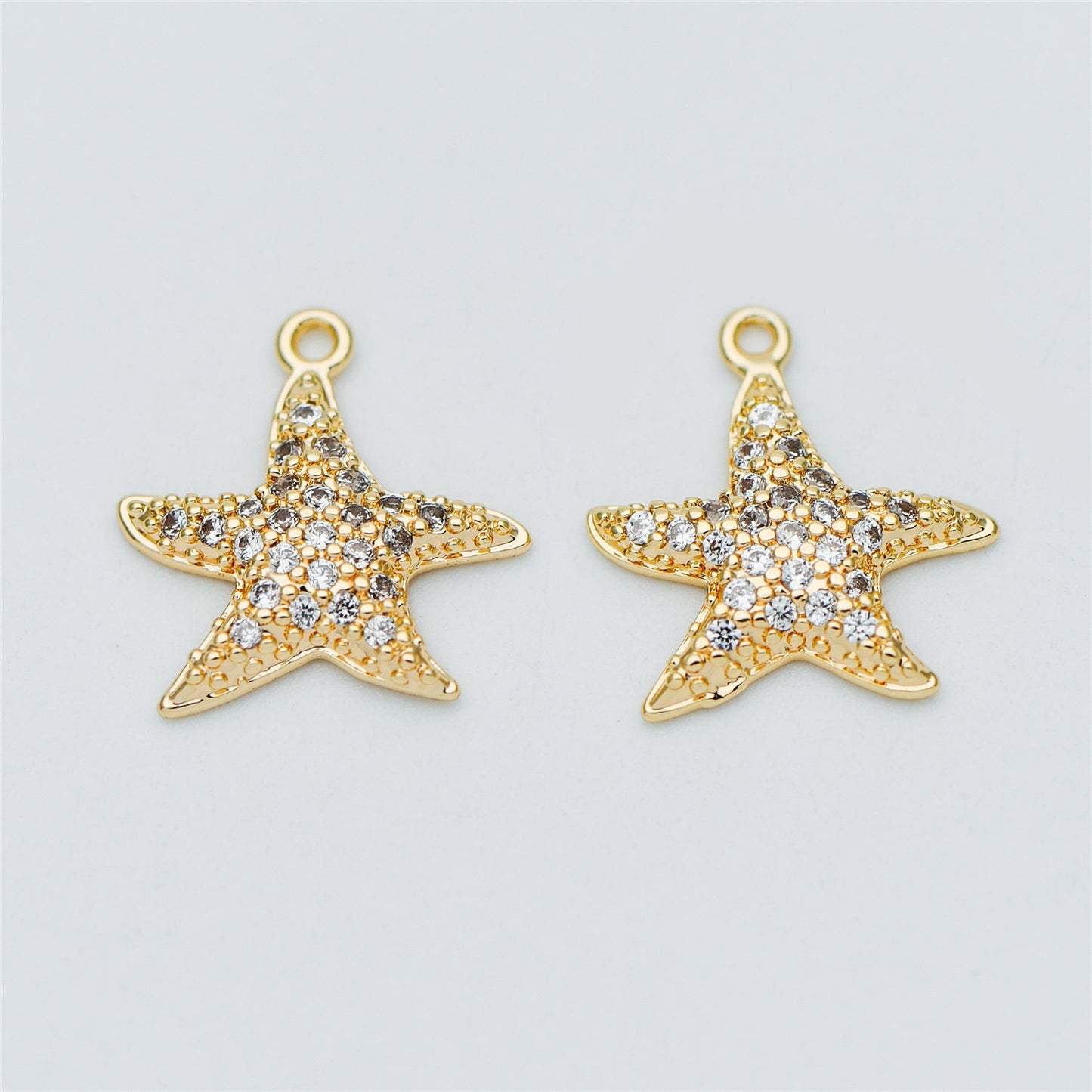 4pcs CZ Pave Gold Starfish Charms 15mm, Real 18K Gold plated Brass Star Pendants (GB-722-B)