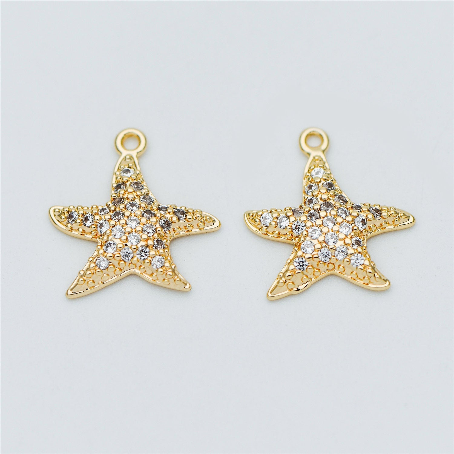 4pcs CZ Pave Gold Starfish Charms 15mm, Real 18K Gold plated Brass Star Pendants (GB-722-B)