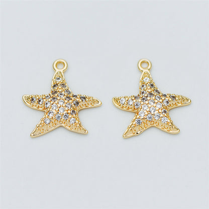 4pcs CZ Pave Gold Starfish Charms 15mm, Real 18K Gold plated Brass Star Pendants (GB-722-B)