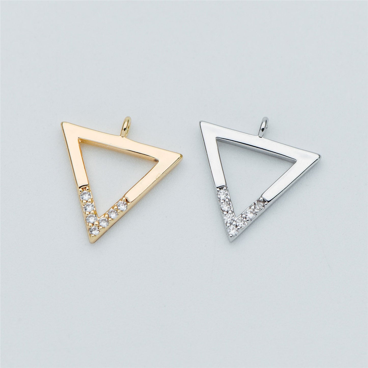 10pcs Gold/ Silver tone Triangle Charms 12mm, CZ Pave Geometric Pendants, Real Gold/ Rhodium plated Brass (GB-621)