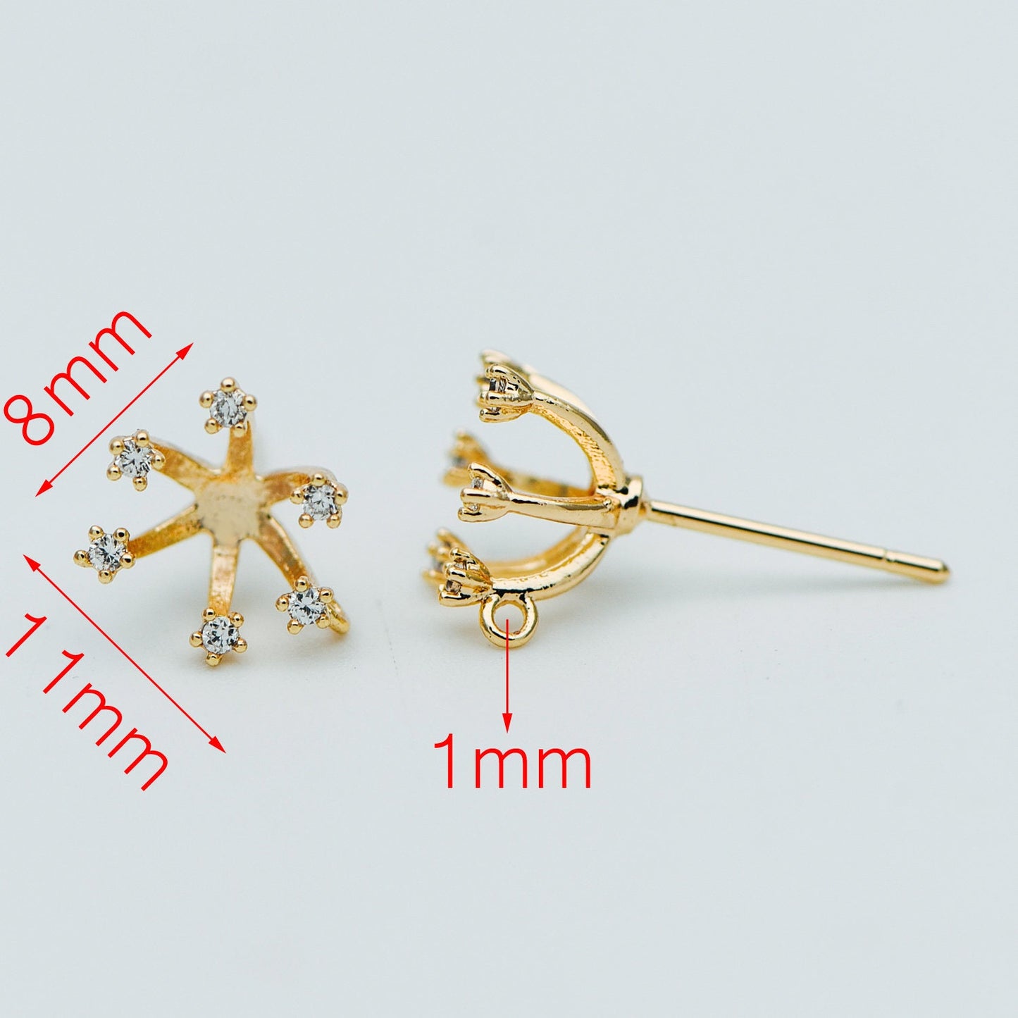 10pcs CZ Pave Gold Ear Posts, Floral Stud Earrings with Loop, Fit 6mm Pearls (GB-630)