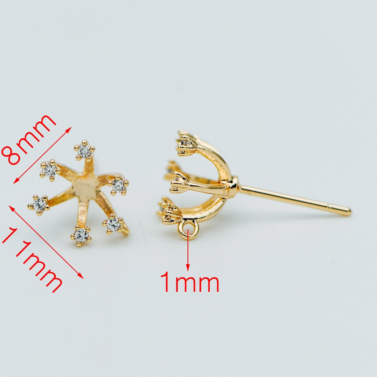 10pcs CZ Pave Gold Ear Posts, Floral Stud Earrings with Loop, Fit 6mm Pearls (GB-630)