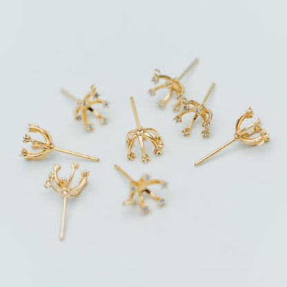 10pcs CZ Pave Gold Ear Posts, Floral Stud Earrings with Loop, Fit 6mm Pearls (GB-630)