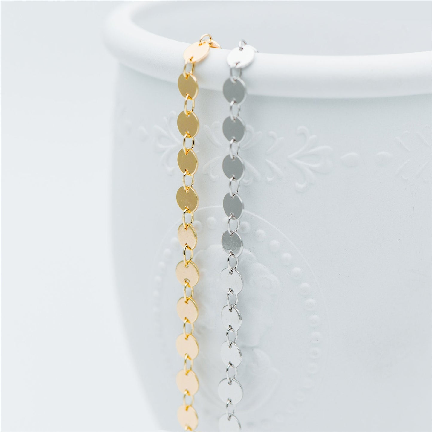 Gold/ Silver tone Round Disc Chains 4mm/ 5mm, Handmade Disk Geometric Chain (#LK-154)/ 1 Meter=3.3 feet