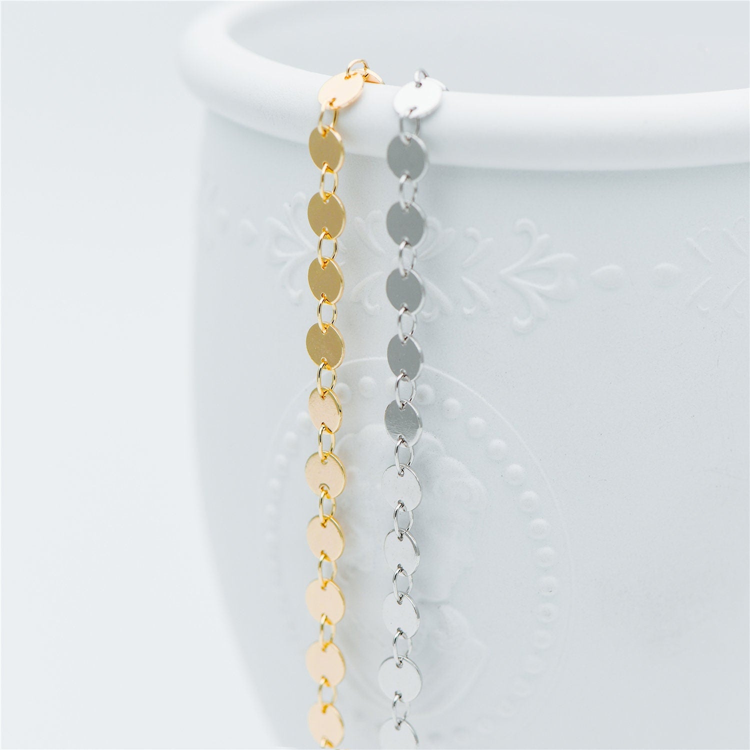 Gold/ Silver tone Round Disc Chains 4mm/ 5mm, Handmade Disk Geometric Chain (#LK-154)/ 1 Meter=3.3 feet