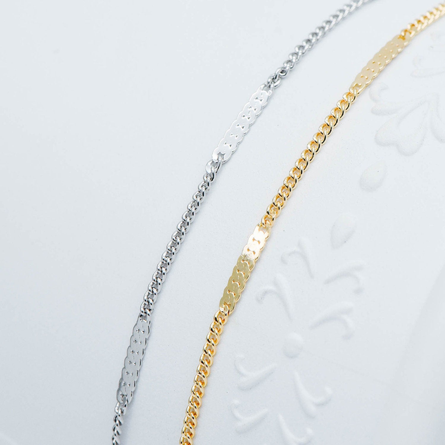 Dainty Gold/ Silver tone Flat Link Chains 1.9mm, Real Gold/ Rhodium plated on Brass Tiny Chain (#LK-177)/ 1 Meter=3.3 ft