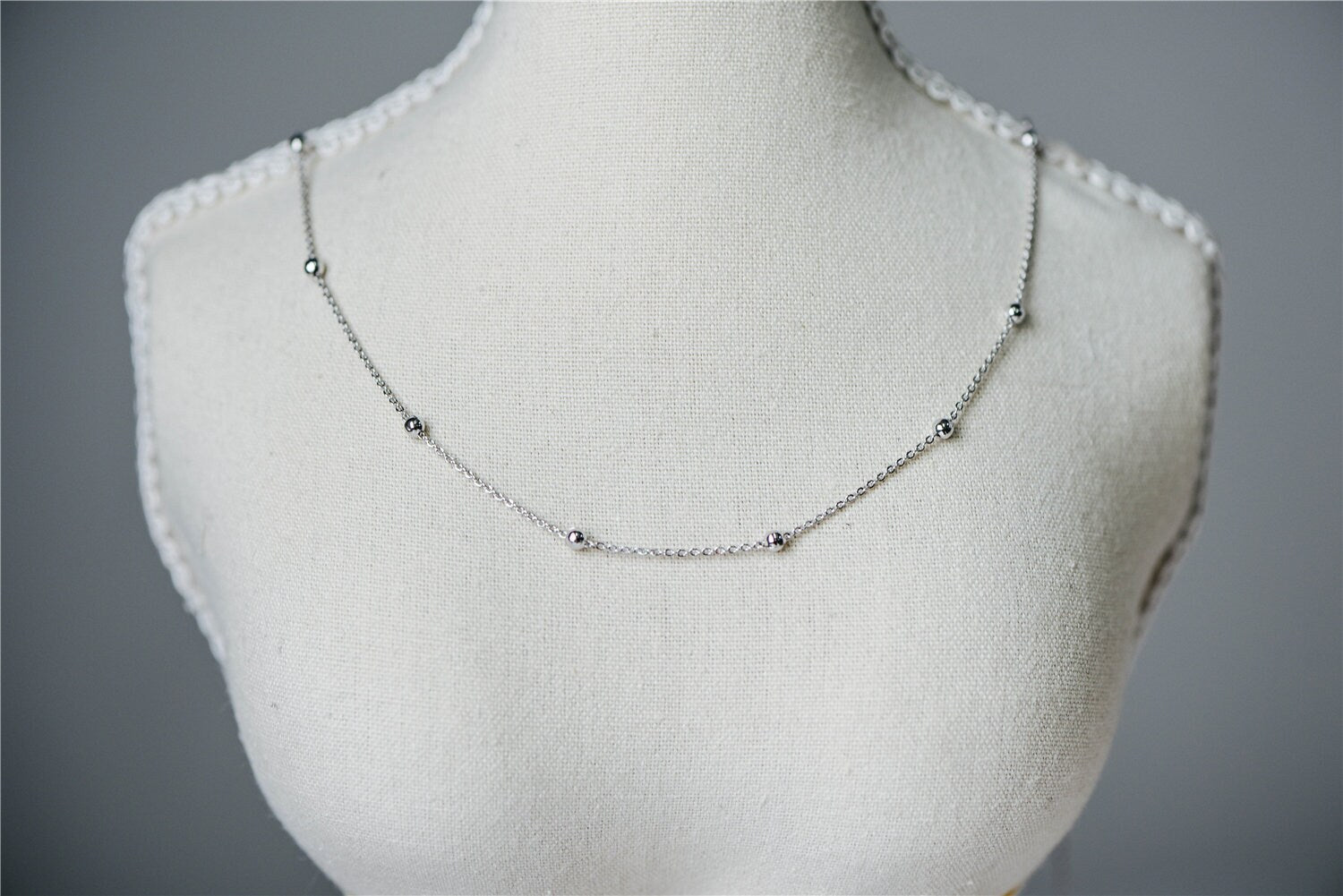 Silver tone Satellite Chains, 1.2mm Chain with 3mm Round Beads, Rhodium plated Brass Beaded Cable Chain (#LK-225-2)/ 1 Meter=3.3 ft