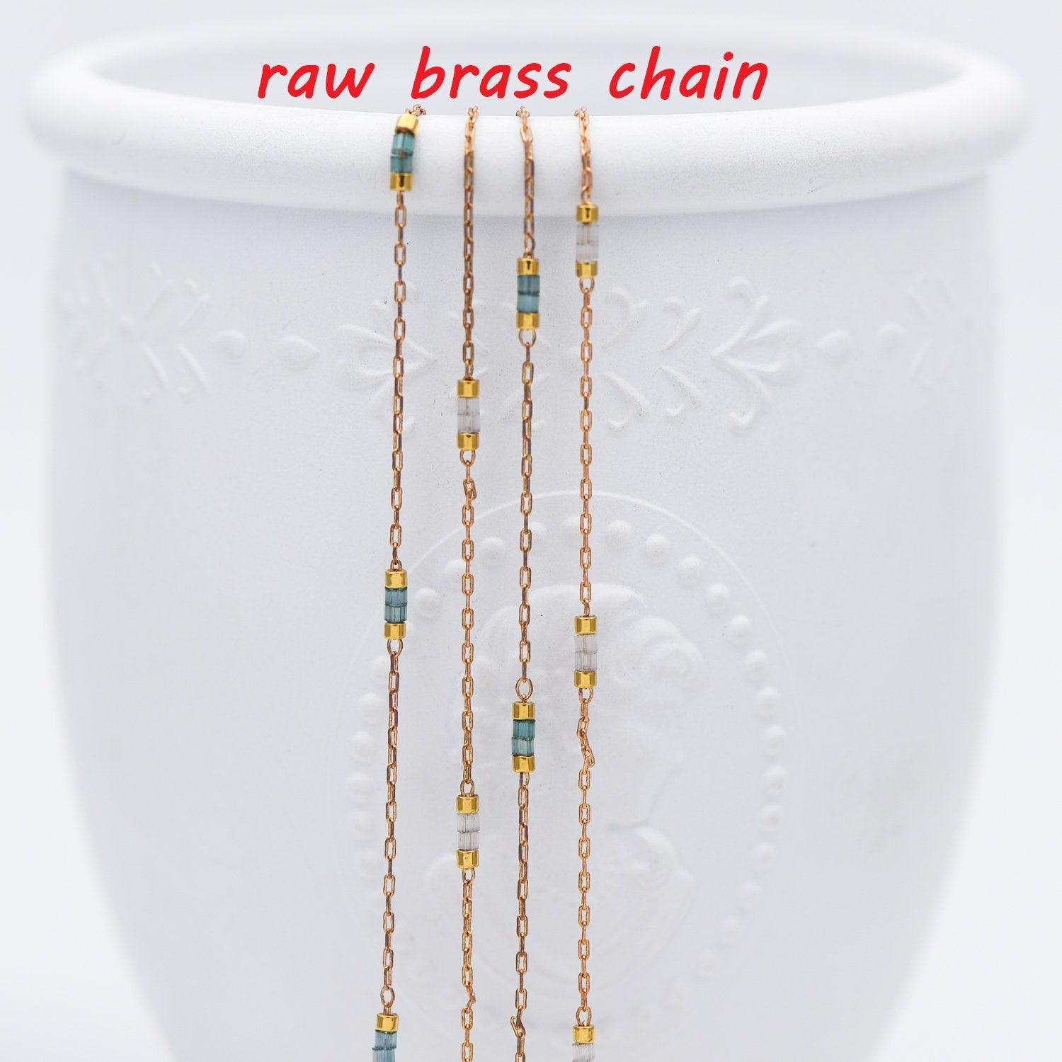 Dainty Miyuki Seed Glass Bead Chain 1.8mm, Unplated Brass Beaded Tiny Chain, Blue/ White (#LK-213)/ 1 Meter=3.3ft