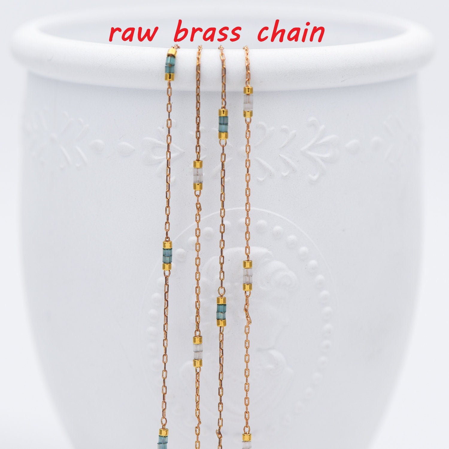 Dainty Miyuki Seed Glass Bead Chain 1.8mm, Unplated Brass Beaded Tiny Chain, Blue/ White (#LK-213)/ 1 Meter=3.3ft