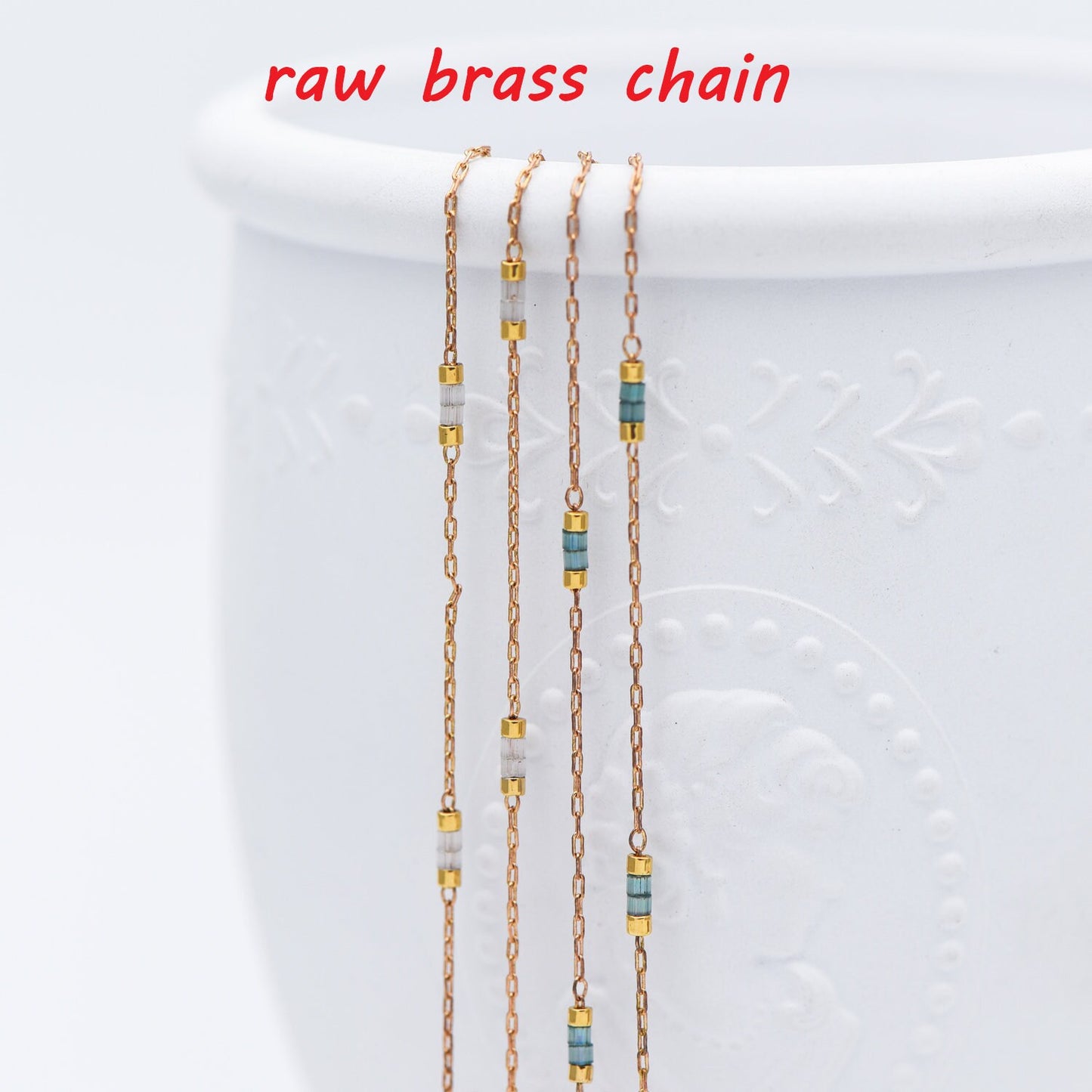 Dainty Miyuki Seed Glass Bead Chain 1.8mm, Unplated Brass Beaded Tiny Chain, Blue/ White (#LK-213)/ 1 Meter=3.3ft
