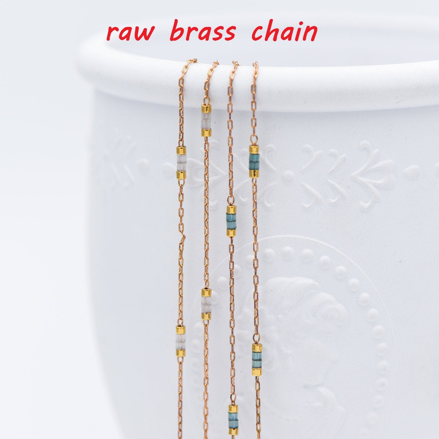 Dainty Miyuki Seed Glass Bead Chain 1.8mm, Unplated Brass Beaded Tiny Chain, Blue/ White (#LK-213)/ 1 Meter=3.3ft