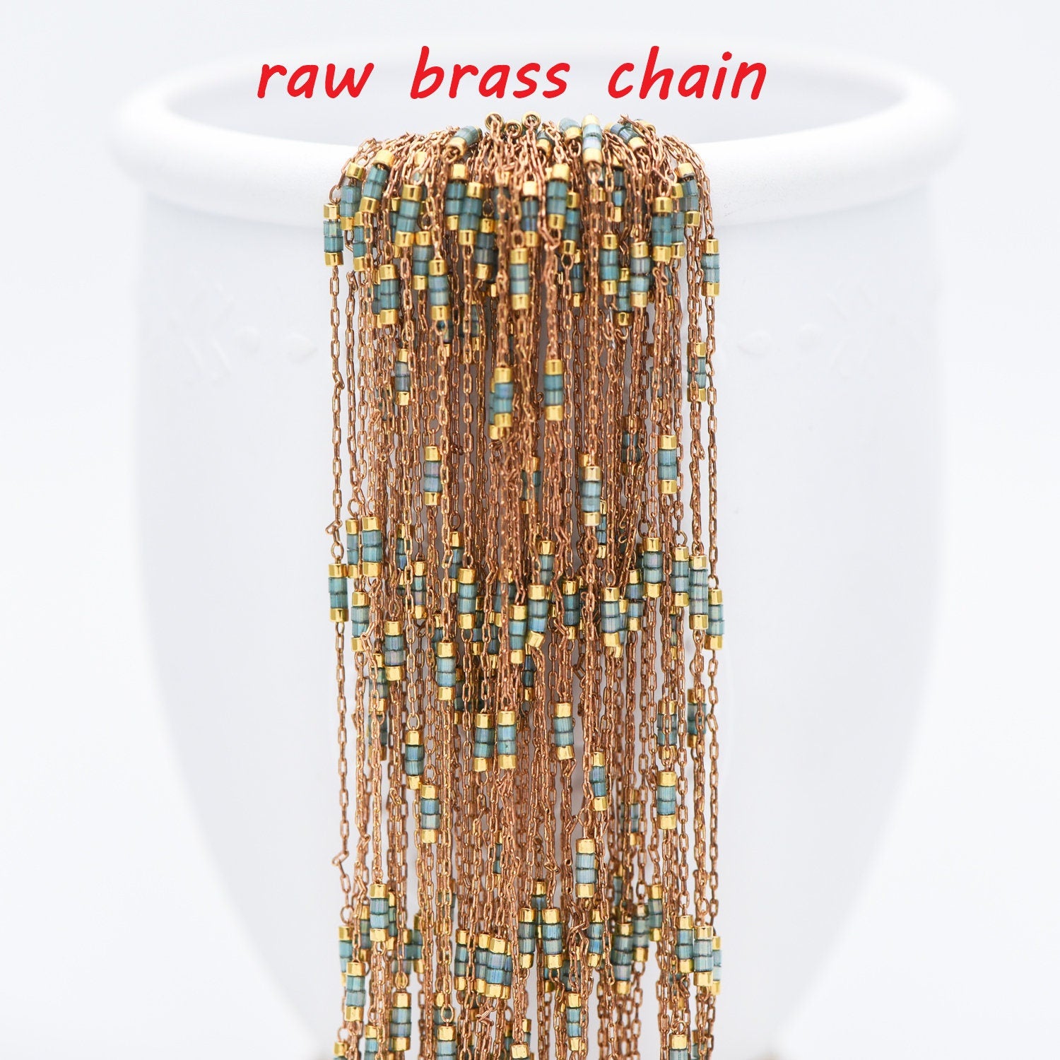 Dainty Miyuki Seed Glass Bead Chain 1.8mm, Unplated Brass Beaded Tiny Chain, Blue/ White (#LK-213)/ 1 Meter=3.3ft