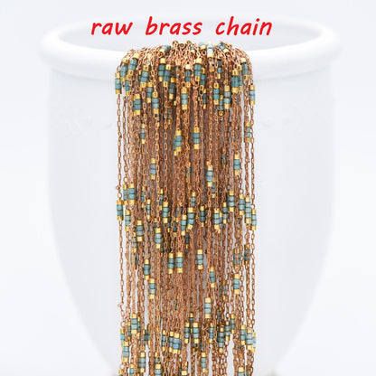 Dainty Miyuki Seed Glass Bead Chain 1.8mm, Unplated Brass Beaded Tiny Chain, Blue/ White (#LK-213)/ 1 Meter=3.3ft