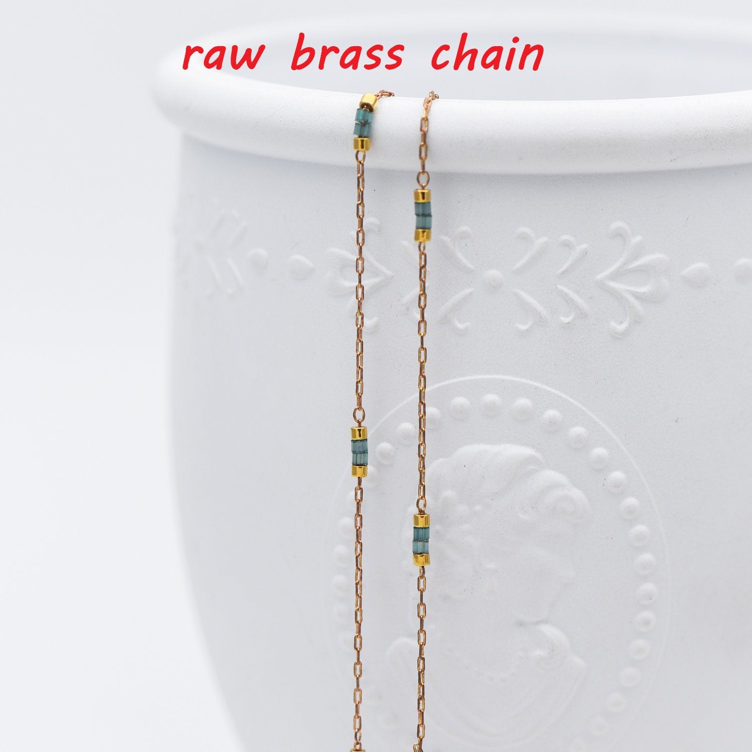 Dainty Miyuki Seed Glass Bead Chain 1.8mm, Unplated Brass Beaded Tiny Chain, Blue/ White (#LK-213)/ 1 Meter=3.3ft