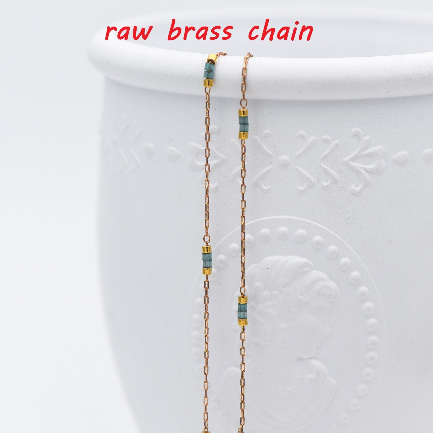 Dainty Miyuki Seed Glass Bead Chain 1.8mm, Unplated Brass Beaded Tiny Chain, Blue/ White (#LK-213)/ 1 Meter=3.3ft
