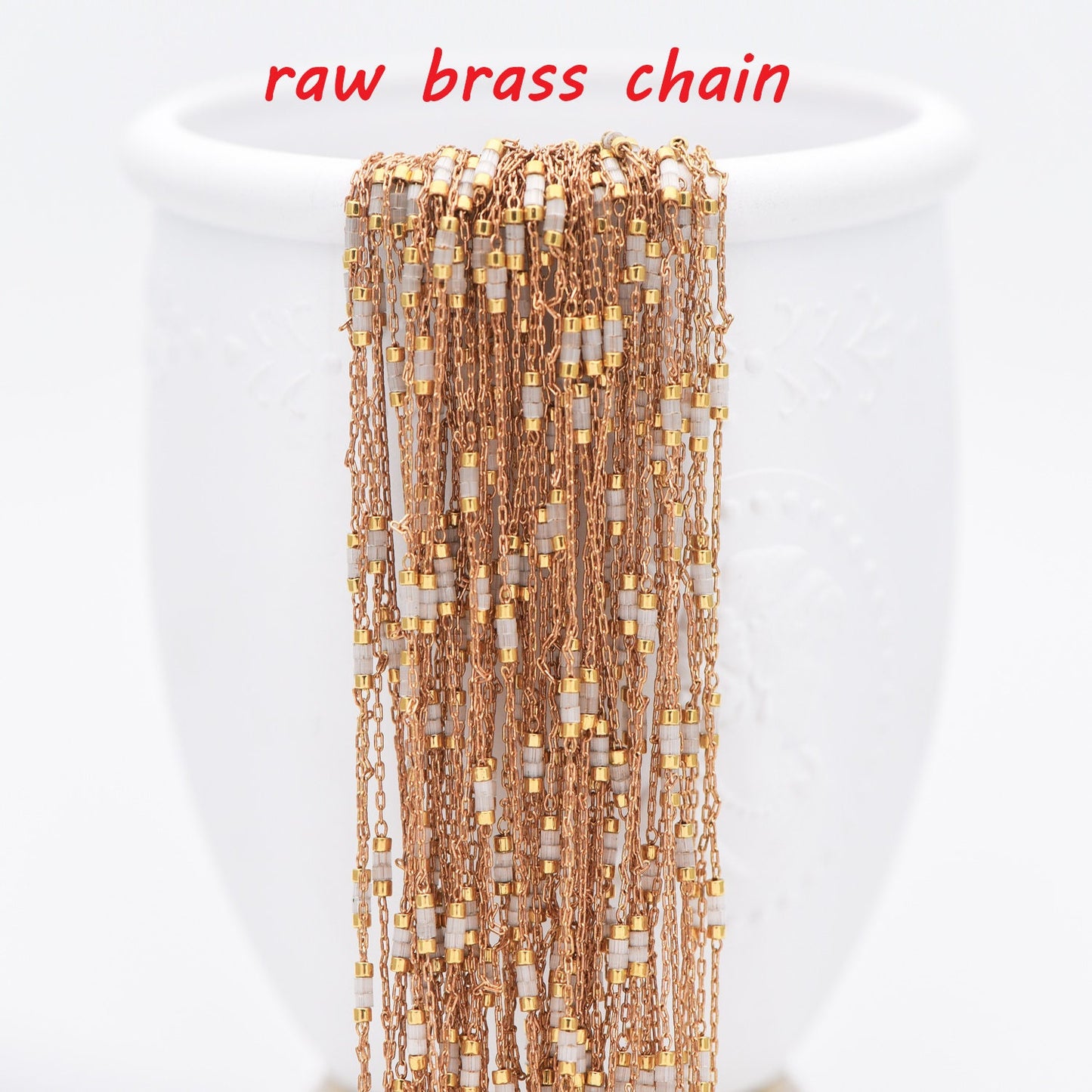 Dainty Miyuki Seed Glass Bead Chain 1.8mm, Unplated Brass Beaded Tiny Chain, Blue/ White (#LK-213)/ 1 Meter=3.3ft