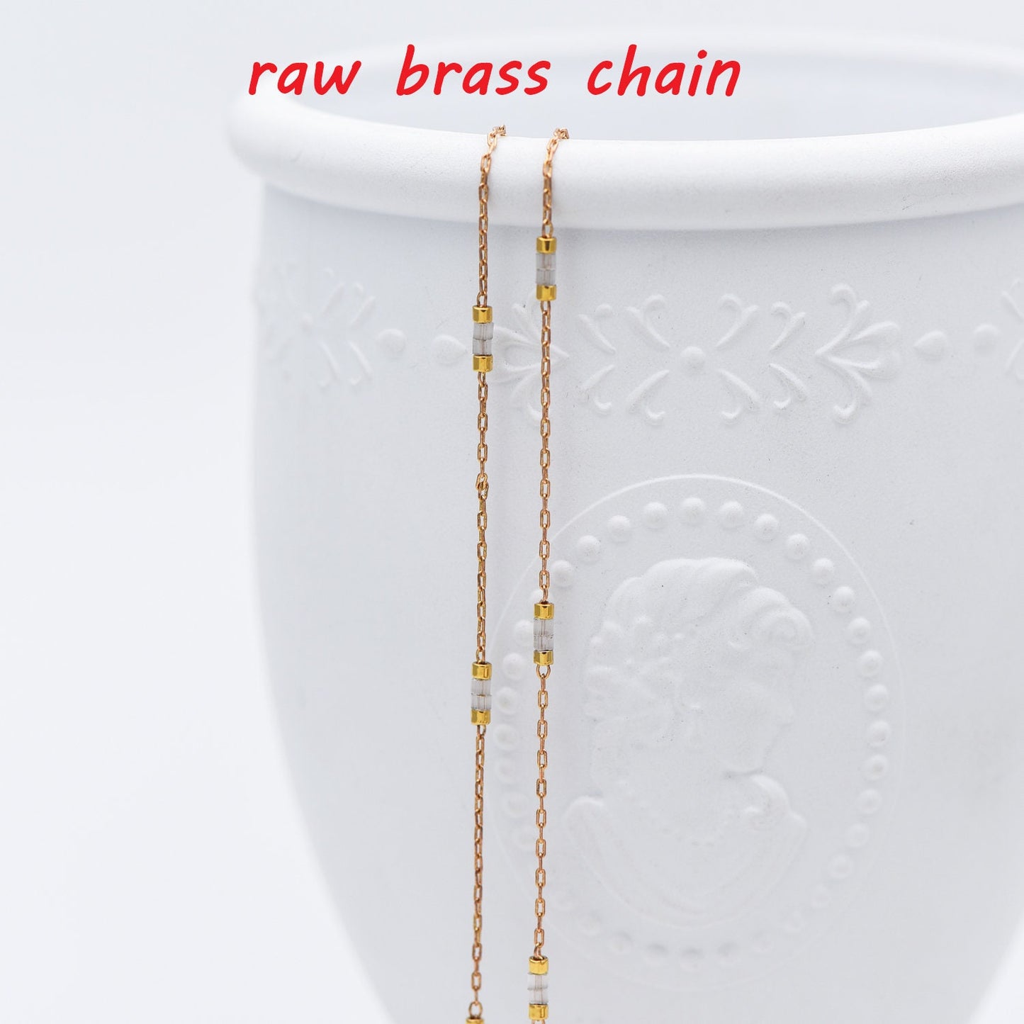 Dainty Miyuki Seed Glass Bead Chain 1.8mm, Unplated Brass Beaded Tiny Chain, Blue/ White (#LK-213)/ 1 Meter=3.3ft