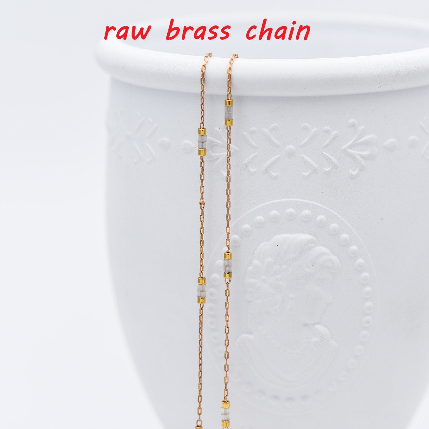 Dainty Miyuki Seed Glass Bead Chain 1.8mm, Unplated Brass Beaded Tiny Chain, Blue/ White (#LK-213)/ 1 Meter=3.3ft