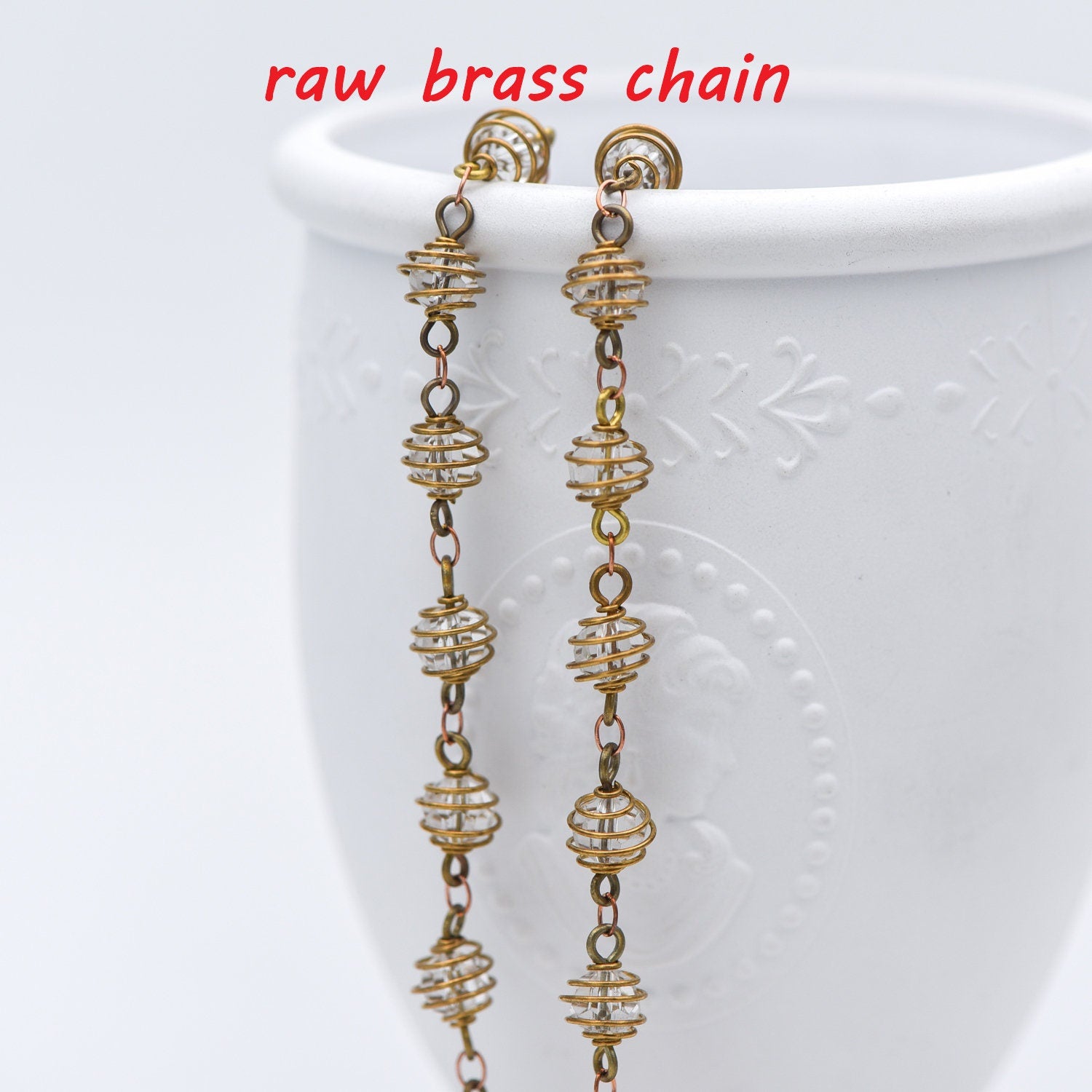 Raw Brass Crystal Bead Chain 7.5mm, Glass Rondelle Beaded Chain, Handmade Wire Chain Wholesale (#LK-218-RB)/ 1 Meter=3.3ft