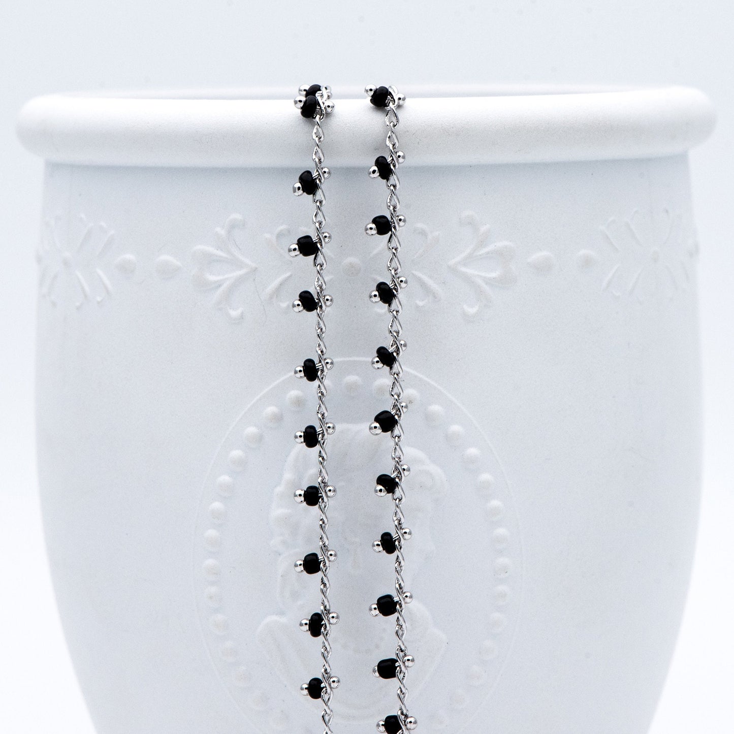 Rhodium plated Brass Beaded Chains, Silver tone Chain with Black Glass Seed Beads, Necklace Chain Components (#LK-271-2)/ 1 Meter=3.3 ft