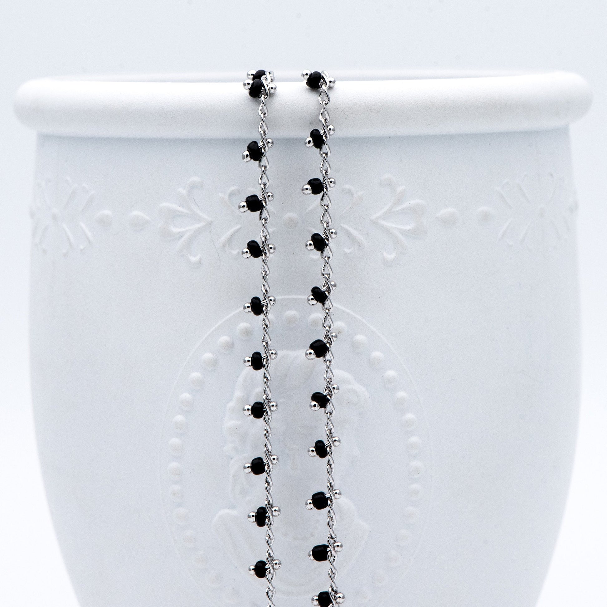 Rhodium plated Brass Beaded Chains, Silver tone Chain with Black Glass Seed Beads, Necklace Chain Components (#LK-271-2)/ 1 Meter=3.3 ft