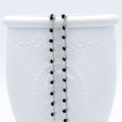 Rhodium plated Brass Beaded Chains, Silver tone Chain with Black Glass Seed Beads, Necklace Chain Components (#LK-271-2)/ 1 Meter=3.3 ft