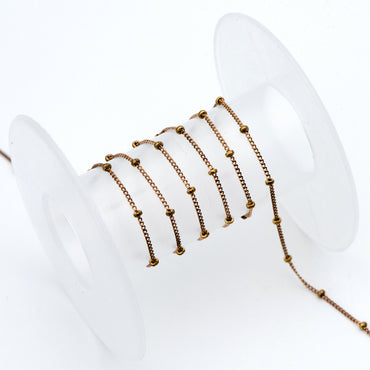 Raw Brass Satellite Chains, 1mm Curb Chain with 2mm Rondelle Beads, DIY Necklace Chain Wholesale (#LK-264-RB)/ 1 Meter=3.3 ft