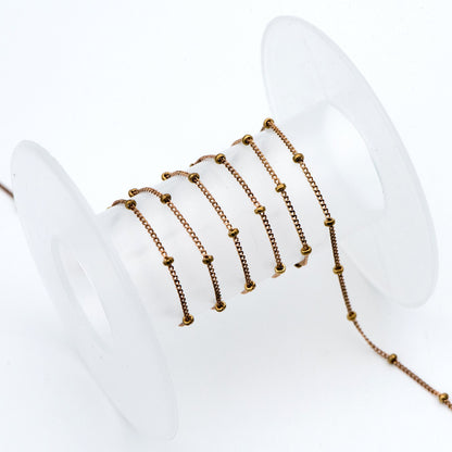 Raw Brass Satellite Chains, 1mm Curb Chain with 2mm Rondelle Beads, DIY Necklace Chain Wholesale (#LK-264-RB)/ 1 Meter=3.3 ft