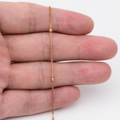 Dainty Raw Brass Beaded Box Chains, 0.9mm Box Chain with 2.5mm Round Ball Beads, Tiny Necklace Chain Wholesale (#LK-261-RB)/ 1 Meter=3.3 ft