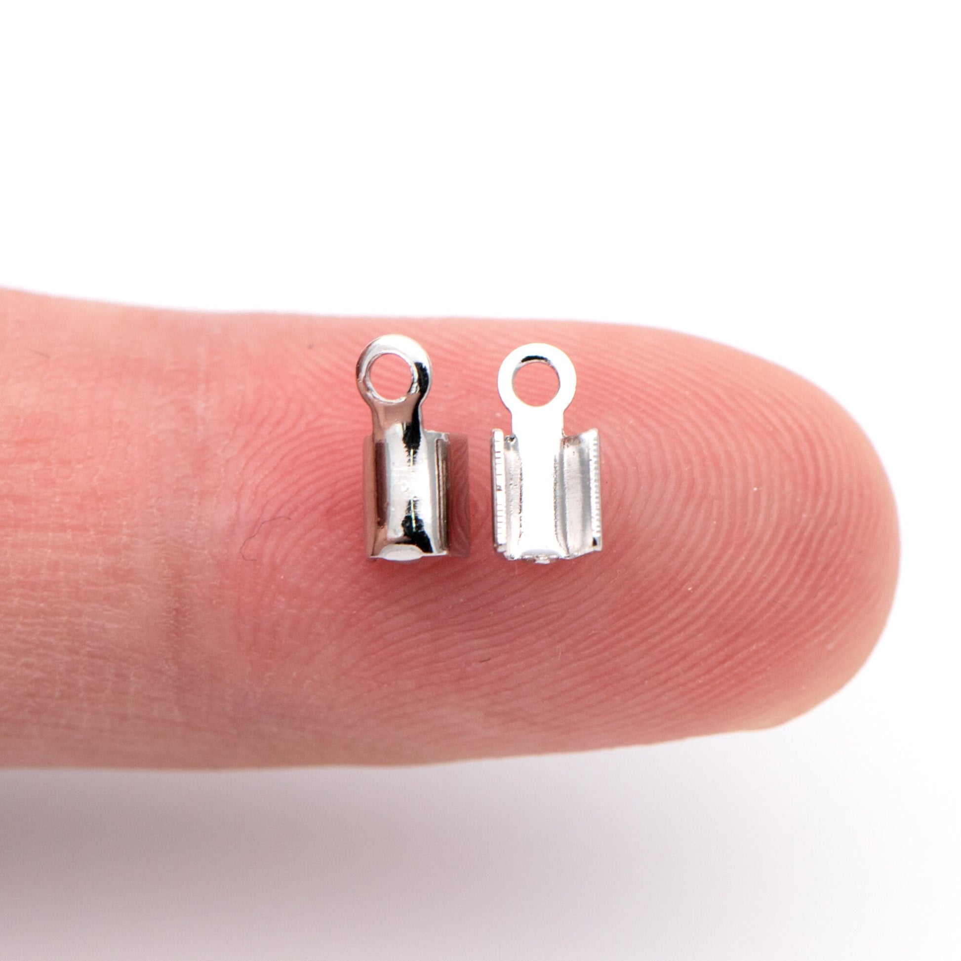 20pcs Silver tone Crimp End Tips, Leather Hemp Cord Chain Ends, 8x3/ 9x4mm, Rhodium plated Brass, Thick and Sturdy (GB-674)