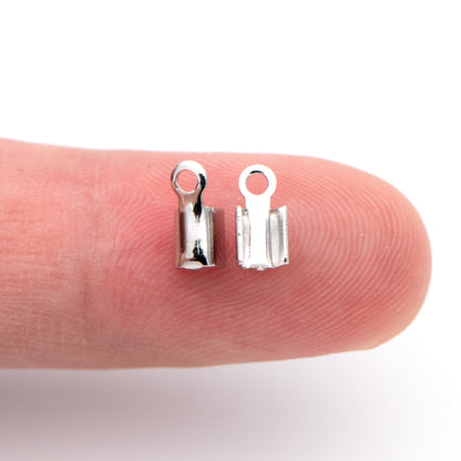 20pcs Silver tone Crimp End Tips, Leather Hemp Cord Chain Ends, 8x3/ 9x4mm, Rhodium plated Brass, Thick and Sturdy (GB-674)