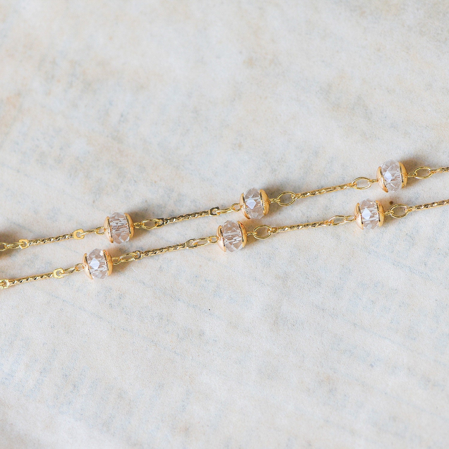 Gold Crystal Beaded Chain, 18K Gold plated Brass Chain with Crystal Rondelle Beads (#LK-216-1)/ 1 Meter=3.3ft