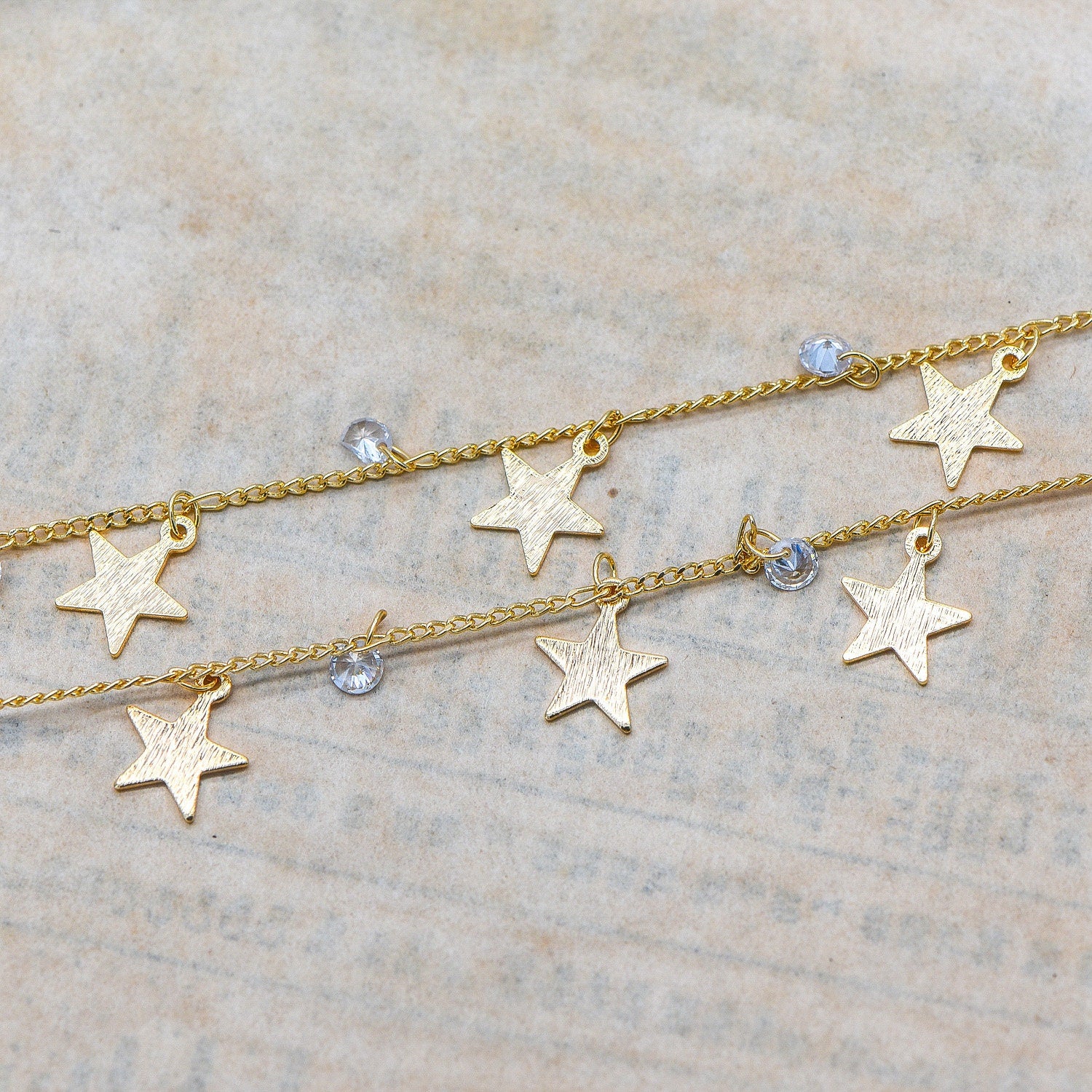 Gold Chain with Star and CZ Charms, 18K Gold plated Brass Curb Chain, Quality Chain for Jewelry Wholesale (#LK-219-1)/ 1 Meter=3.3ft