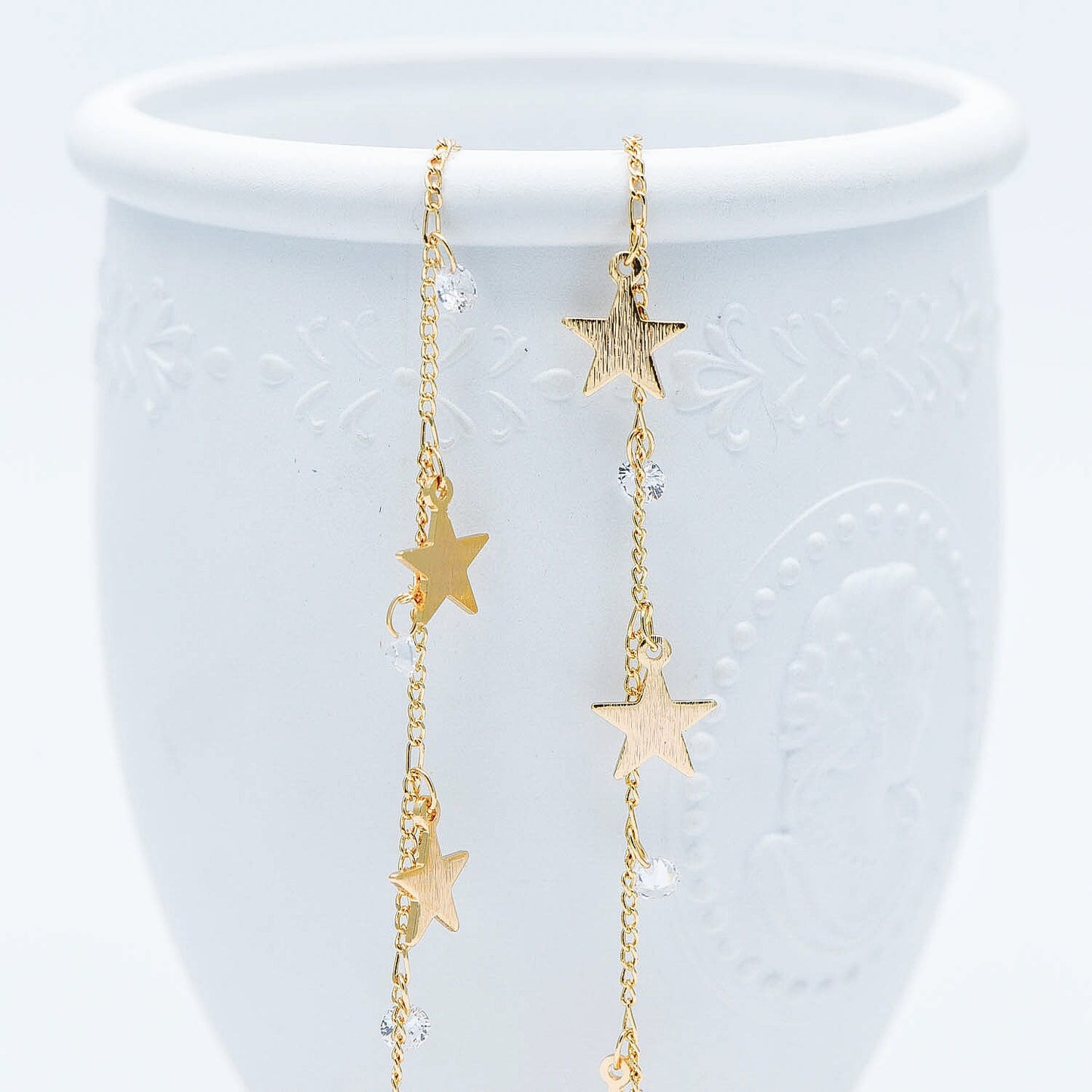 Gold Chain with Star and CZ Charms, 18K Gold plated Brass Curb Chain, Quality Chain for Jewelry Wholesale (#LK-219-1)/ 1 Meter=3.3ft