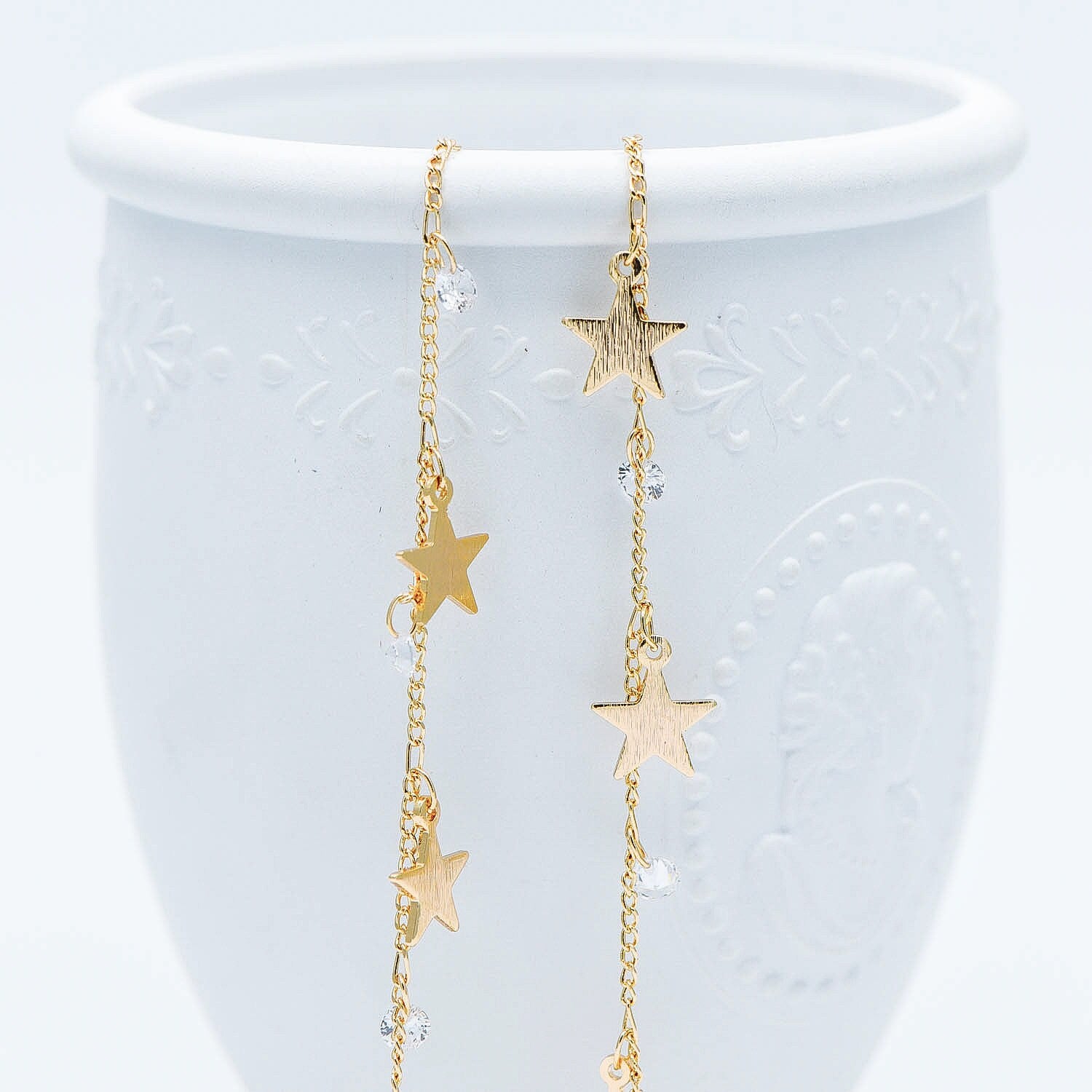 Gold Chain with Star and CZ Charms, 18K Gold plated Brass Curb Chain, Quality Chain for Jewelry Wholesale (#LK-219-1)/ 1 Meter=3.3ft