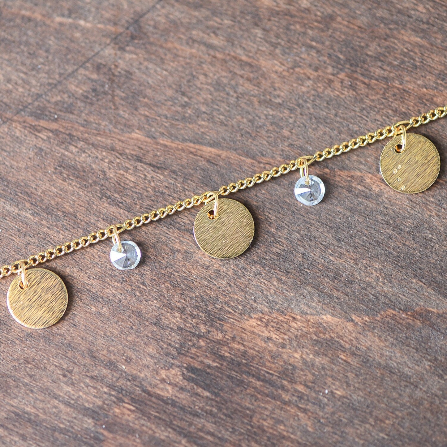 Gold Chain with Disc and CZ Charms, Curb Chain with Brushed Gold Disk, Lead Nickel Free (#LK-220-1)/ 1 Meter=3.3ft