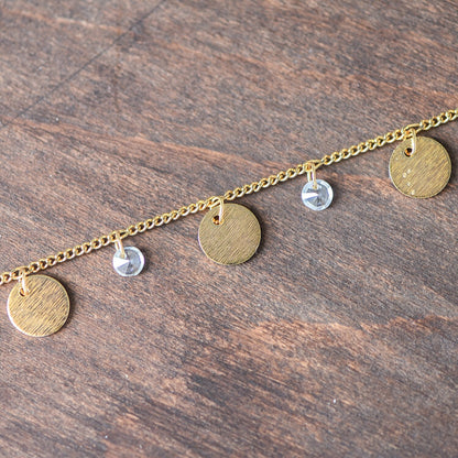 Gold Chain with Disc and CZ Charms, Curb Chain with Brushed Gold Disk, Lead Nickel Free (#LK-220-1)/ 1 Meter=3.3ft