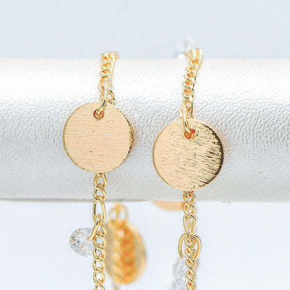 Gold Chain with Disc and CZ Charms, Curb Chain with Brushed Gold Disk, Lead Nickel Free (#LK-220-1)/ 1 Meter=3.3ft