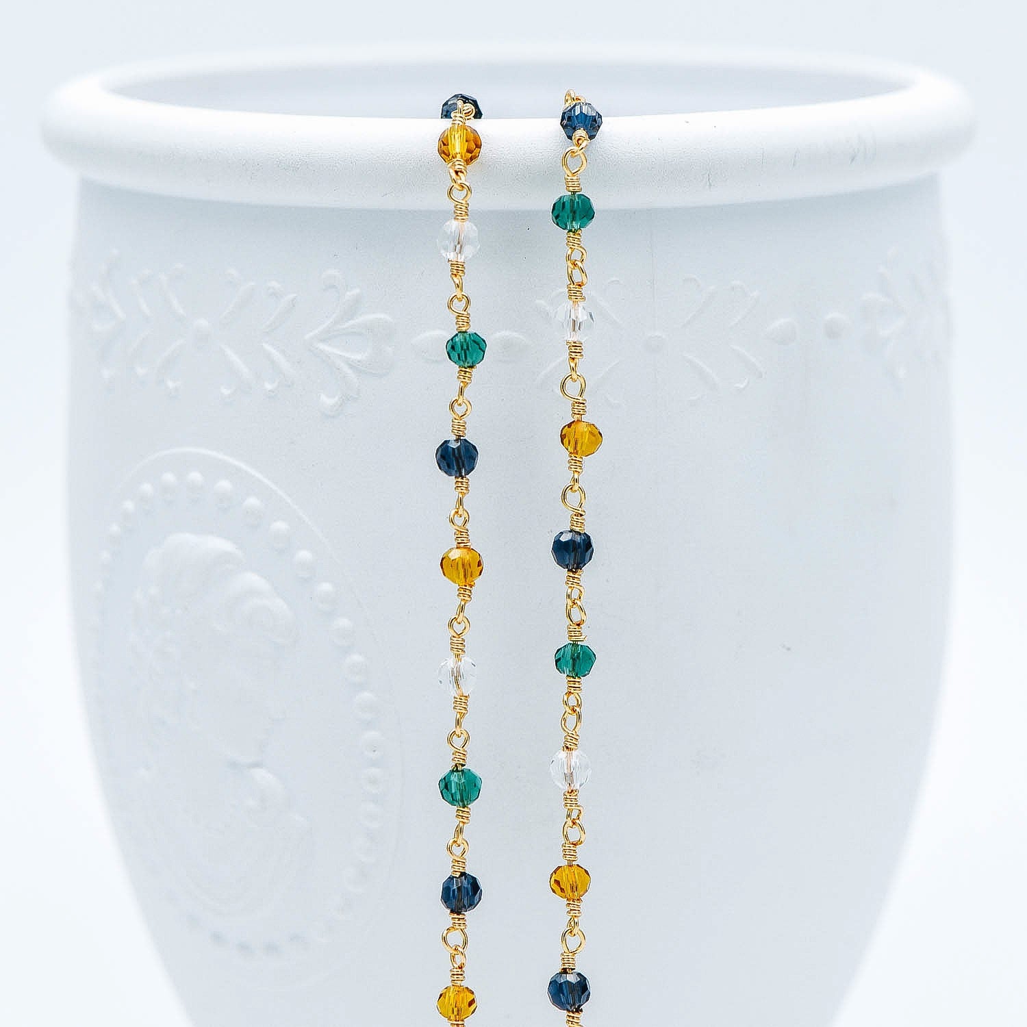 Glass Rondelle Bead Chain 3.5mm, 18K Gold plated on Brass Beaded Chains, Multi Colors Crystal (#LK-221-1)/ 1 Meter=3.3ft