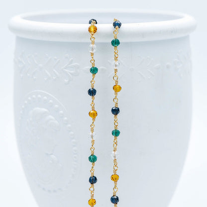 Glass Rondelle Bead Chain 3.5mm, 18K Gold plated on Brass Beaded Chains, Multi Colors Crystal (#LK-221-1)/ 1 Meter=3.3ft