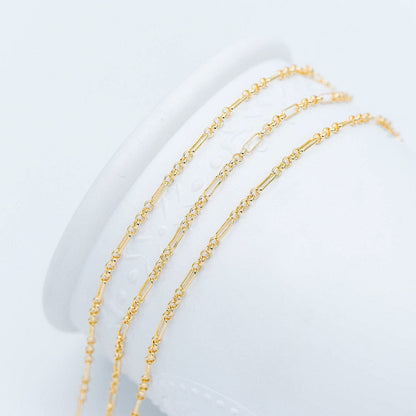 Gold plated Brass Figaro Chains 2.3mm, Long and Short Link Chains (#LK-235-1)/ 1 Meter=3.3 ft