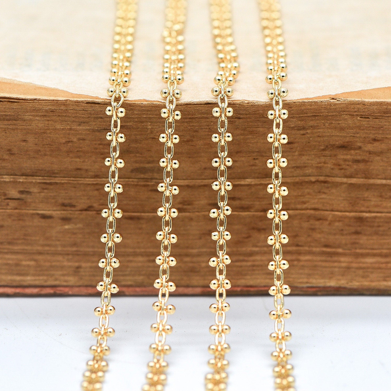Gold/ Silver Tone Beaded Cable Chains 3.3mm, 18K Gold/ Rhodium plated Brass, Quality Specialty Chain Wholesale (#LK-237)/ 1 Meter=3.3 ft