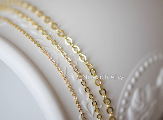 Dainty Gold plated Brass Cable Chains, Soldered Oval Chain Wholesale, 1.2/ 1.4/ 1.6/ 1.8/ 2/ 3.2mm Multi Sizes (#LK-106)/ 1 Meter=3.3 ft