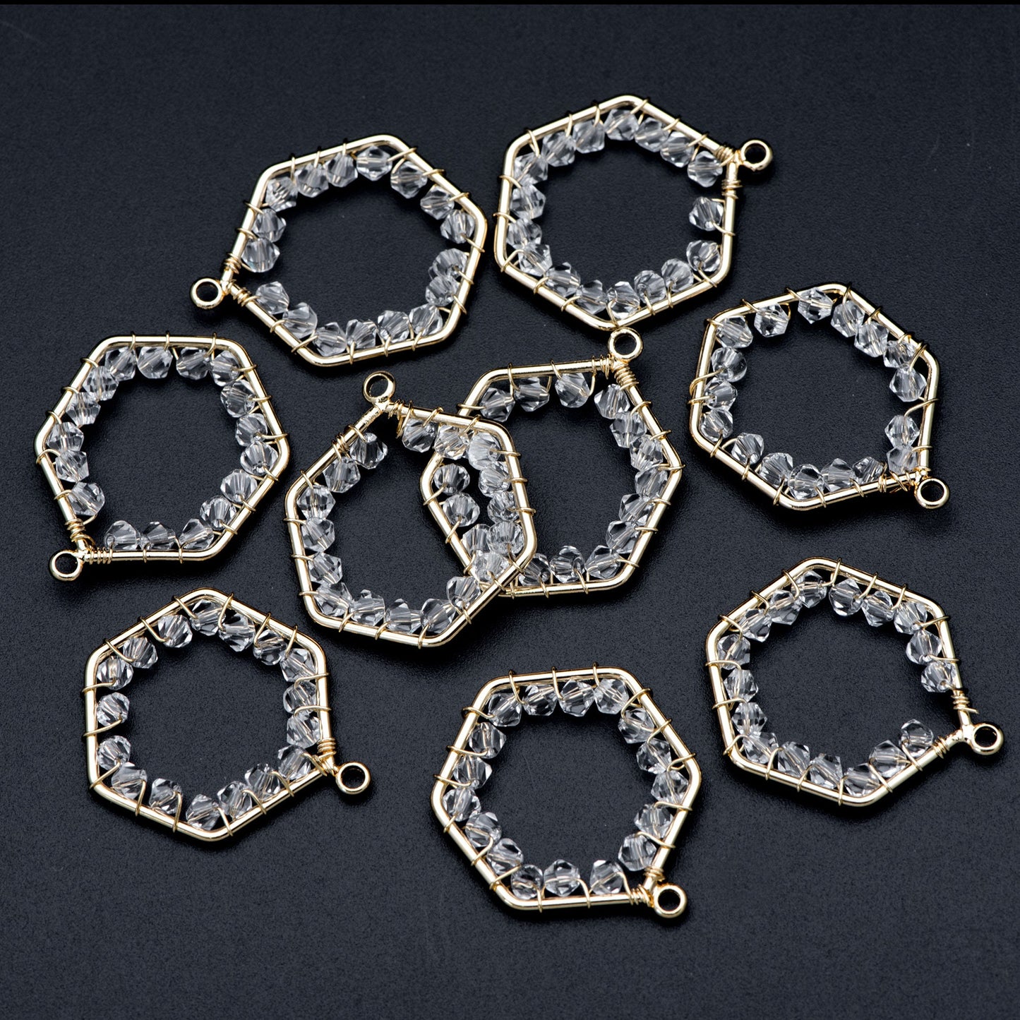 10pcs Gold Beaded Hexagonal Charms , Wired Crystal Beads Geometric Pendants, Dangle Earring Components (GB-684)