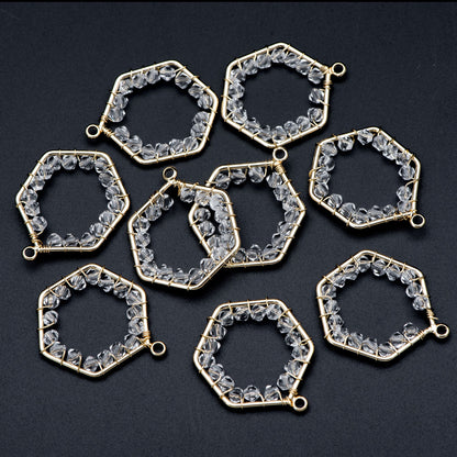 10pcs Gold Beaded Hexagonal Charms , Wired Crystal Beads Geometric Pendants, Dangle Earring Components (GB-552-F)